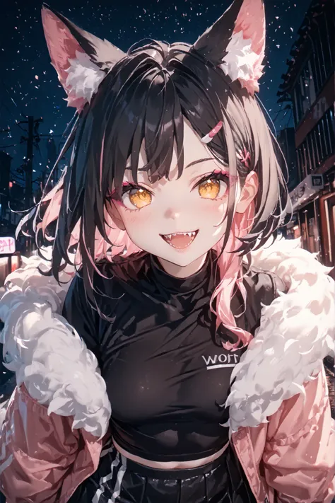 Character: solo, 1girl, wolf-girl, demi-human, adult, grenn-yellow eyes ((Eyes with high detail, no defects, pupils of equal size)), playful, cheeky look, full lips, black hair, pink highlight on hair, wolfcut, (wolf ears), sharp teeth, canine teeth, playf...
