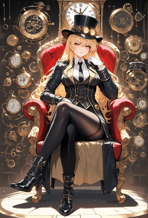 top hat, clocks in the background, astral clockwork, clockwork automaton, clockpunk, golden steampunk, clockwork steampunk, clockwork, the madhatter,clockwork mechanical, golden time,monoculars, sitting in a chair,black coat, long blonde,yellow eyes, white...