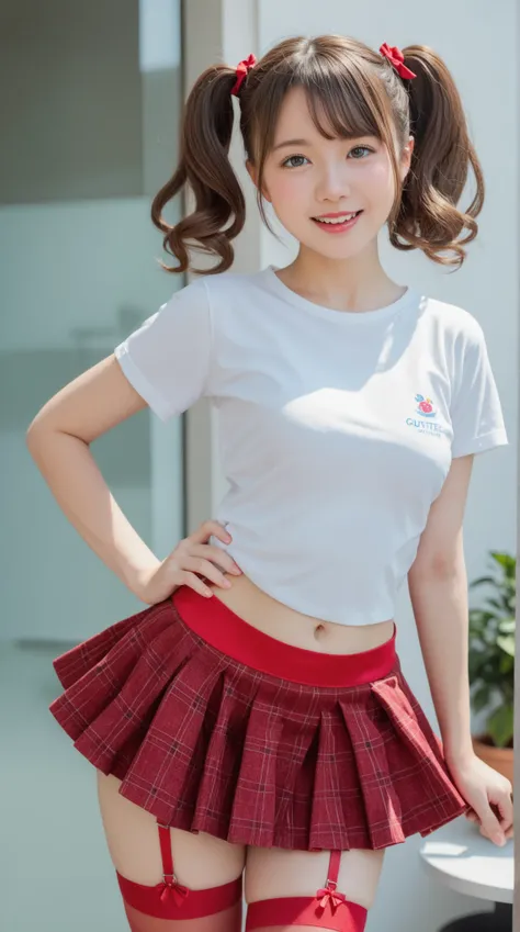 high definition、masterpiece、realistic、Perfect Anatomy,One Ager Girl,cute女の子、超cute、Where's the hair 、Very Short,、zoom、cute、grey eyes、、twin tails、glass、white t-shirt、(gingham check culotte skirt:1.37),red stockings、red garter belt、belly button,blank,Black Li...