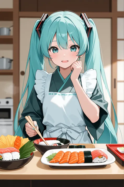 Hatsune Miku preparing sushi with the background of a Japanese kitchen