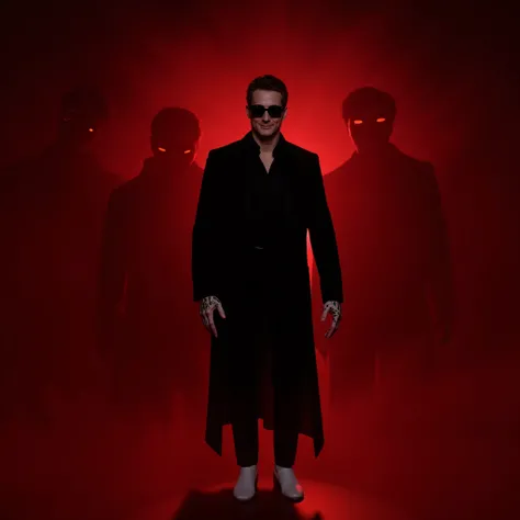 A minimalist character.  commodity. white shoes. black suit. Long black zole. Shadows of ghosts. Specters behind the character. He is wearing dark lenses. The background is dark red smoke. shiny. Scary. Morse symbols. Pro character is calm. The shadows and...