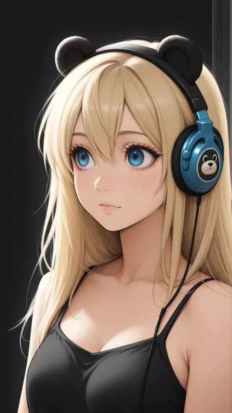 Girl bear off, long hair and blue eyes, headphones off anime