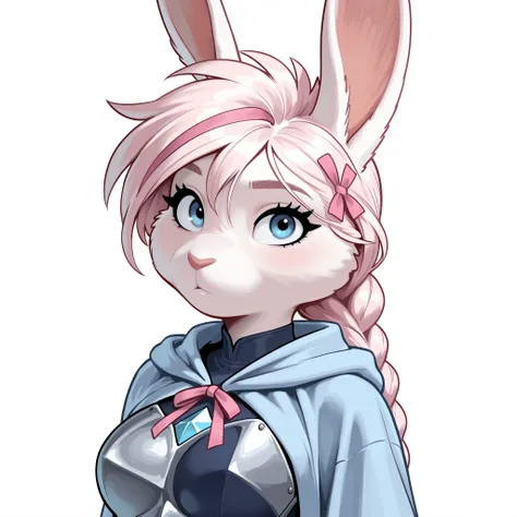 masterpiece, best quality, amazing quality, anthro bunny, female, (solo), big blue eyes, big eyelashes, white fur, medium breasts, hopeful, kind, gentle, small hands, looking at viewer, young, looking at viewer, (medium white pink hair), single braid, (dar...