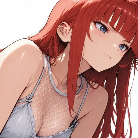 slouches forward、clavicle、chest fishnet。active angle。upper body、white background、genryusai maki,girl,white clothes。
(masterpiece, detailed:1.2),Simple anime Style、blue eyes,red hair ,
Straight hair,Long hair ,Red Hair, blunt bangs,
Heroine、748cmstyle