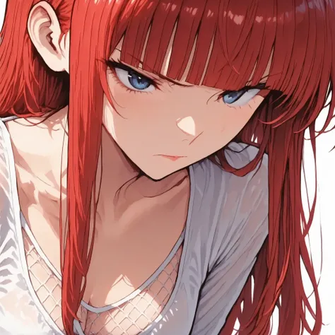 slouches forward、clavicle、chest fishnet。active angle。upper body、white background、genryusai maki,girl,white clothes。
(masterpiece, detailed:1.2),Simple anime Style、blue eyes,red hair ,
Straight hair,Long hair ,Red Hair, blunt bangs,
Heroine、748cmstyle