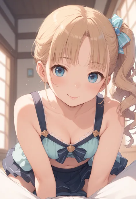  Project Sekaiの望月保奈美の画像を生成. She is a high school student、,  rosy straight hair  . Her hair is styled in a loose side ponytail in a low position on the right,  slightly curled . Her hair on her side is short 、 slightly wrapped .  she has her bangs cut strai...