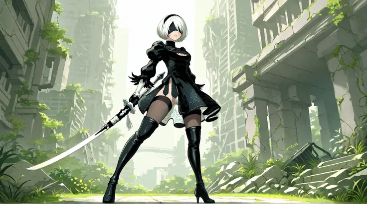 highly detailed illustration of 2B from NieR: Automata, in her original outfit: black gothic dress with white embroidery, high-necked collar, tight corset, short open back skirt, sheer black tights, thigh-high heeled boots, long black gloves with lace, whi...