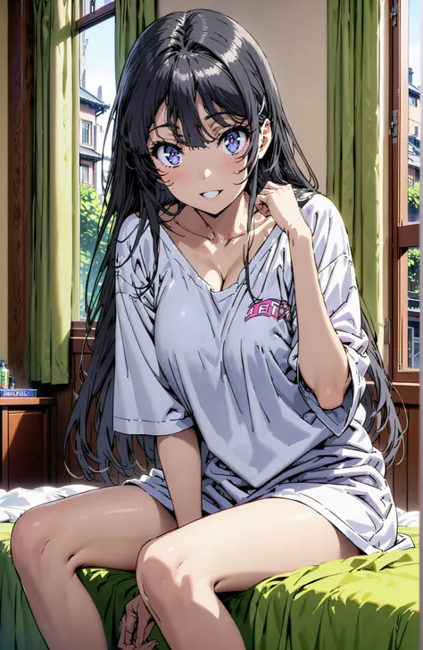 score_9, score_8_up, score_7_up, source_anime,
household, Mai Sakurajima, long hair, Bang, black hair, purple eye,Big Breasts,cleavage,oversized t-shirt,black string panties, one shoulder,sits on a bed,smile,cover,open your mouth,narrows her eyes,Bare leg...