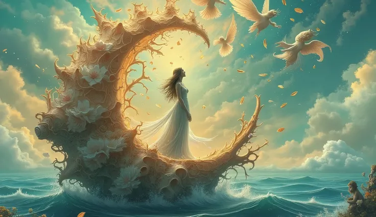 a surreal scene, Goddess standing in a large shell, Angels blow petals, Doll drawing, fantoche, Automatic dolls, manequim, Straw dolls, Big waves, small waves, colorful sky, surrealismo