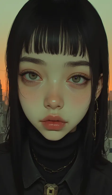 Super close up of a woman's eyes with light pink blond hair and pink lips, eyebrows of the same color as hair 、very thick, big pink lips、 glossy lips 、Empty eyes 、Slightly open eyes、 Looking Down、sad expression asking for something、 Glossy Digital Painting...