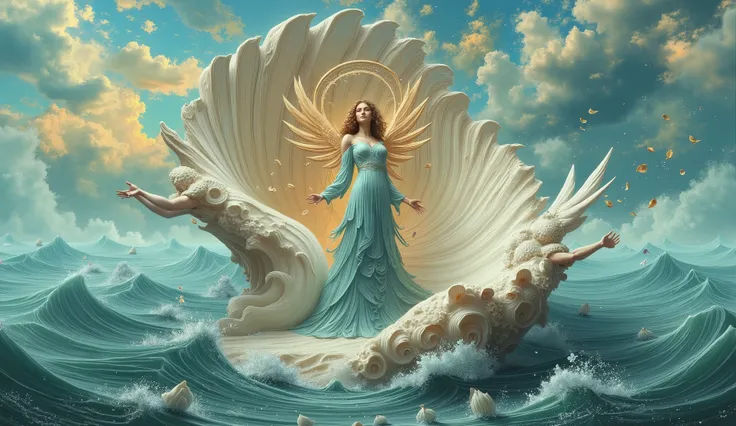 a surreal scene, Goddess standing in a large shell, Angels blow petals, Doll drawing, fantoche, Automatic dolls, manequim, Straw dolls, Big waves, small waves, colorful sky, surrealismo
