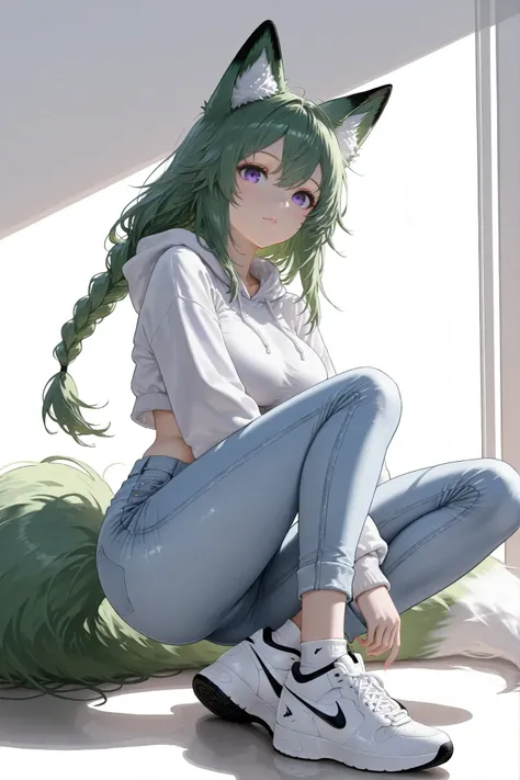 1fox girl,sexy,fox girl ,purple eyes,green Hair,braided ponytail,big Breasts
wearing casual sneakers with ankle socks,
white Nike Air Force 1 sneakers, light blue denim jeans,
wearing a lightweight cropped hoodie in pastel pink,
relaxed and sporty vibe, na...