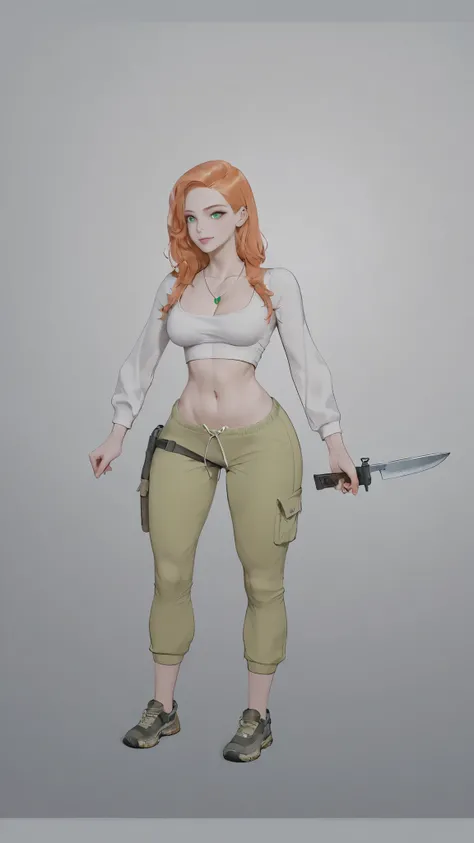 Creating the image of a 23-year-old white woman with an almost fitness body with light orange hair and emerald eyes is wearing a necklace with a small emerald-colored pendant she is wearing a cropped fit tight to the body with a long sleeve and belly the w...