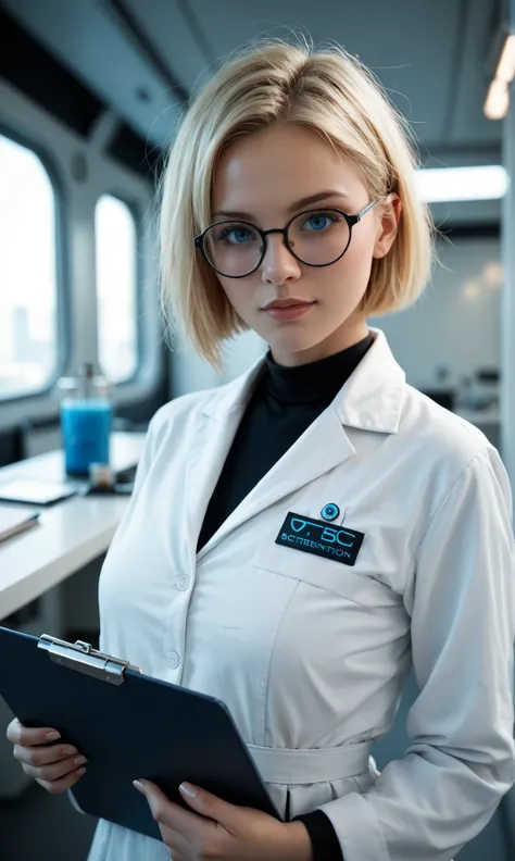 Futuristic girl, short haired blonde wearing round black glasses , bright blue eyes , white skin , wearing a futuristic scientist outfit she is looking at the viewer, she is holding a clipboard , extremely detailed image 4k realistic style