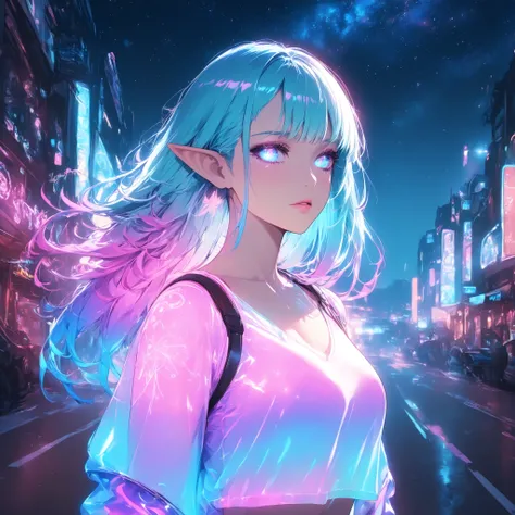 cyberpunk, elf, woman , outside, nighttime, starry night , cinematic lighting (holographic), extremely detailed, smooth skin, blue gradient hair, pink glowing eyes, vinyl clothes , digital drawing, beautiful, fast, hunting with a bow