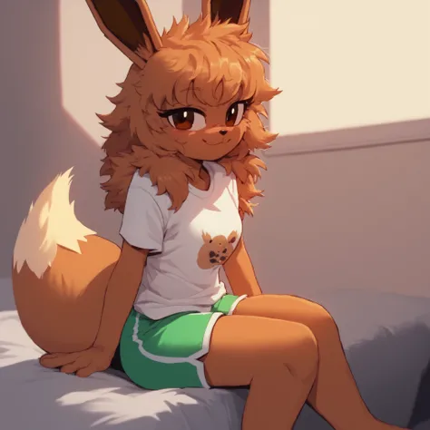 Eevee, (Mobian), fluffy brown fur, brown eyes, female, black and white T-shirt, dark bluish green shorts, fuzzy brown muzzle, sitting, (long hair), hair bangs, fox/Eevee tail, innocent smile, solo, sitting, inside, on the bed, fuzzy fur, oc
