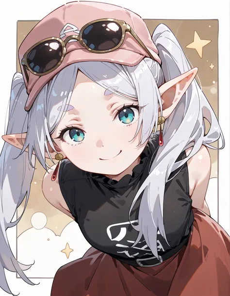 (dynamic angle,dynamic pose:1.3),leaning forward,(looking at viewer),arms behind back,:1.2,,natural cosmetic,frieren, long hair, blue eyes, brown hair,eyewear on head, hat, skirt, sunglasses, shirt, black shirt, sleeveless, red skirt, pink hat,,shiny skin,...