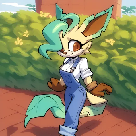 Leafeon, bigdad/character, (Mobian), tan fur, brown eyes, female, tan muzzle, denim overalls skirt, white shirt, rolled up sleeves, blue pants, brown hands, (shoulder length hair), green hair bang, leaf/leafeon tail, smile, slim, young , medium breasts, so...