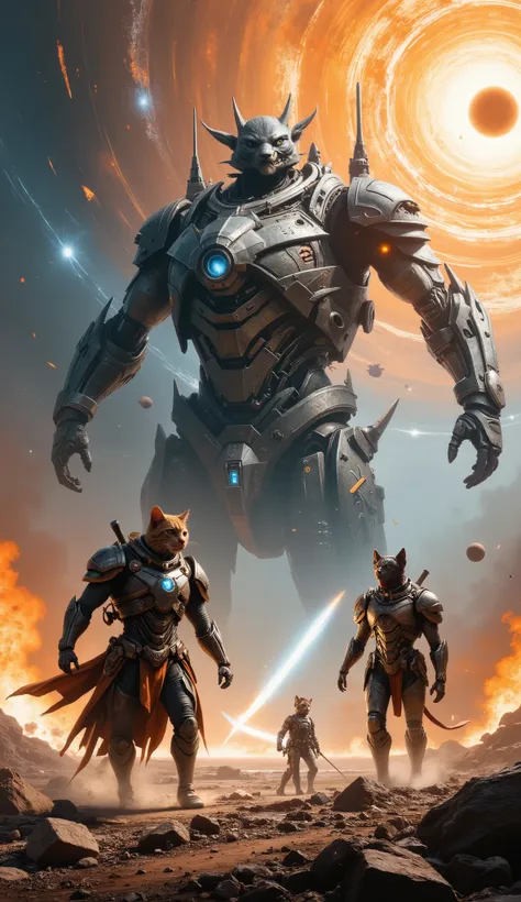 The final showdown in deep space: A colossal dog battleship shaped like a snarling wolf head fires planet-cracking missiles. The cats respond with a mega-weapon—a giant ball of yarn that unravels into a black hole, sucking in enemy fleets. In the foregroun...