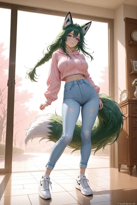 1fox girl,sexy,fox girl ,purple eyes,green Hair,braided ponytail,big Breasts
wearing casual sneakers with ankle socks,
white Nike Air Force 1 sneakers, light blue denim jeans,
wearing a lightweight cropped hoodie in pastel pink,
relaxed and sporty vibe, na...