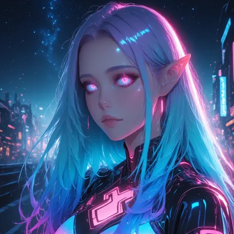 cyberpunk, elf, woman , outside, nighttime, starry night , cinematic lighting (holographic), extremely detailed, smooth skin, blue gradient hair, pink glowing eyes, vinyl clothes , digital drawing, beautiful, fast, hunting with a bow