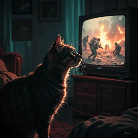 Movie film,cat,Profile of a cat watching a war TV program