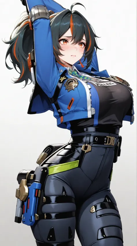 masterpiece, extremely detailed,perfect skin texture,4k,solo,1girl ,zhu yuan,worried,take off jacket,stand up,sexy pose,ponytail streaked hair,blush,police uniform, blue jacket, cropped jacket, long sleeves, black vest, two-tone vest, black gloves, green n...