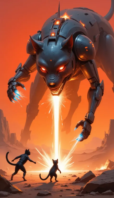 A lone cybernetic cat with neon-blue claws faces off against a towering robotic dog in a post-apocalyptic desert. The cat’s tail crackles with electricity, while the dog’s jaws glow with molten lava. They clash under a blood-red sky, surrounded by shattere...