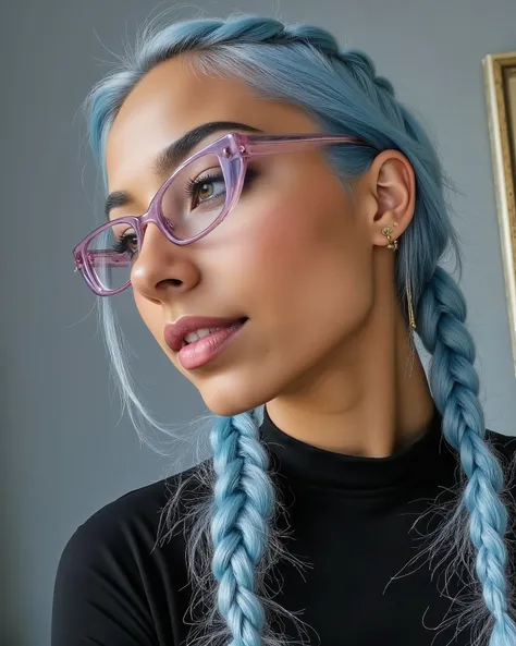 img_325.HEIC. A young woman, fair-skinned and probably of Latin American or Hispanic ethnicity, with bright light brown eyes (emphasis: 1.5) and hyper-realistic light blue hair, long and combed to the side to create a voluminous effect in the middle, bodyb...