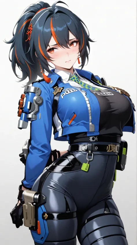 masterpiece, extremely detailed,perfect skin texture,4k,solo,1girl ,zhu yuan,worried,put off jacket,stand up,arms behind back,sexy pose,ponytail streaked hair,blush,police uniform, blue jacket, cropped jacket, long sleeves, black vest, two-tone vest, black...