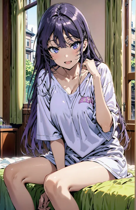 purple eyes,cover,smile,open your mouth,narrows her eyes,