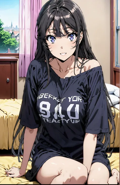 score_9, score_8_up, score_7_up, source_anime,
household, Mai Sakurajima, long hair, Bang, black hair, purple eye,Big Breasts,cleavage,oversized t-shirt,black string panties, one shoulder,sits on a bed,smile,cover,open your mouth,narrows her eyes,Bare leg...