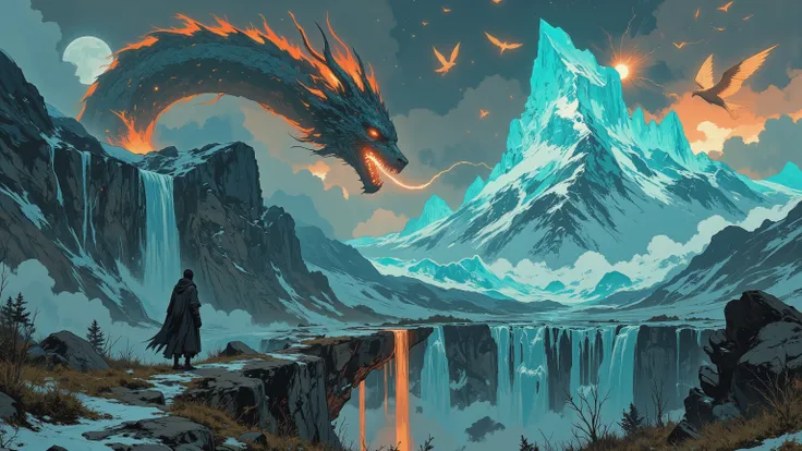 (TOP QUALITY, HD, masterpiece:1.4),  8k,  ((Digital Painting, Hyperrealistic Glacier Textures)),  Fantasy Art Nouveau Influence,  
Celestial Ambience, Luminescent Ice.  A celestial mountain range with razor-sharp crystalline peaks glowing in turquoise and ...