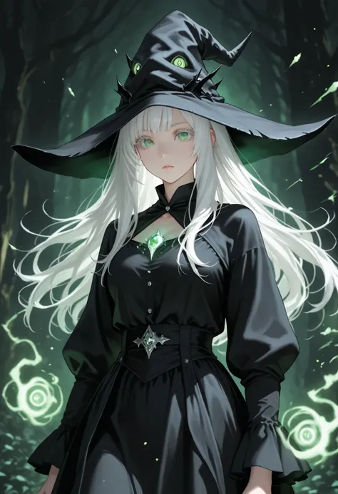 Beautiful, female, solo, long hair, white hair, white eyelashes, green eyes, black shirt, black skirt, black dress, black point hat, witch, magic eyes, fantasy, thorn