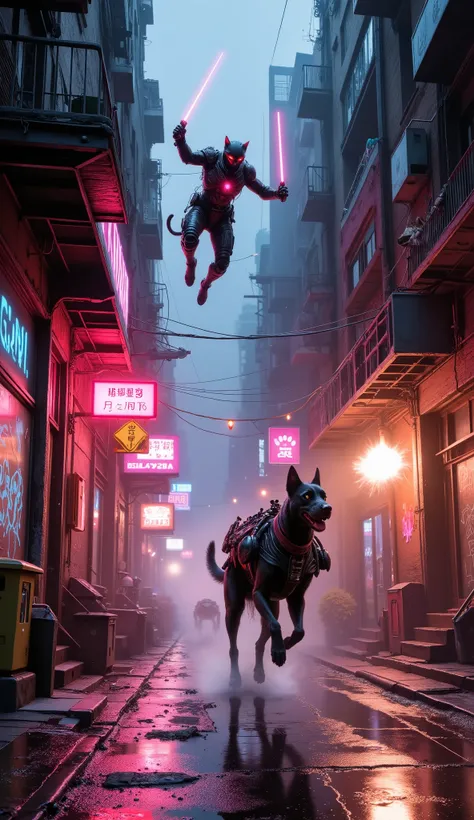 In a neon-lit cyberpunk alley, a stealthy black cat in holographic armor leaps from a rooftop, wielding twin plasma whips. A cyborg Doberman with missile-loaded shoulder cannons roars below, firing explosive rounds that ignite neon signs. Reflections of th...
