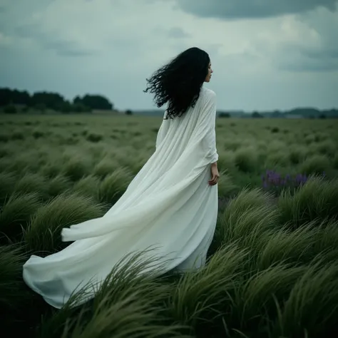 8K cinematic photo of a tall female model with voluminous natural curly hair standing in a windswept meadow under dramatic pre-storm skies. The frame is split by a horizontal horizon: foreground features hyper-detailed tall green grass swaying in the wind;...