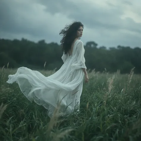 8K cinematic photo of a tall female model with voluminous natural curly hair standing in a windswept meadow under dramatic pre-storm skies. The frame is split by a horizontal horizon: foreground features hyper-detailed tall green grass swaying in the wind;...