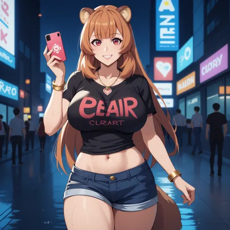 "raphtalia, straight orange hair ,  rounded and soft bear ears ,  ruby red eyes   ,   cheerful smile. curvaceous and slender figure , big breasts y bien proporcionados. wears short black t-shirt with low-cut electronic design and denim shorts. Her skin shi...