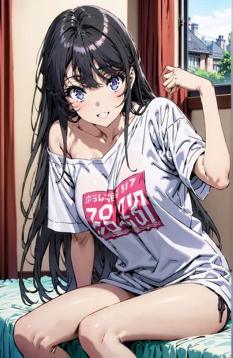 score_9, score_8_up, score_7_up, source_anime,
household, Mai Sakurajima, long hair, Bang, black hair,  purple eye,Big Breasts,cleavage,oversized t-shirt,black string panties, one shoulder,sits on a bed,smile,cover,open your mouth,narrows her eyes,Bare leg...