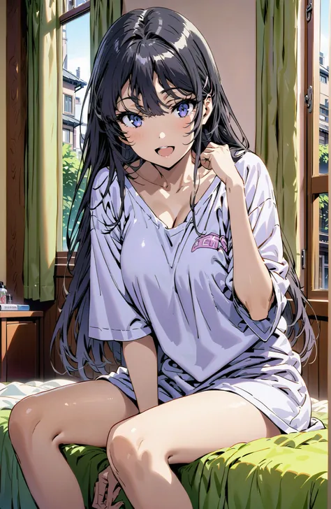 purple eyes,cover,smile,open your mouth,narrows her eyes,black hair,