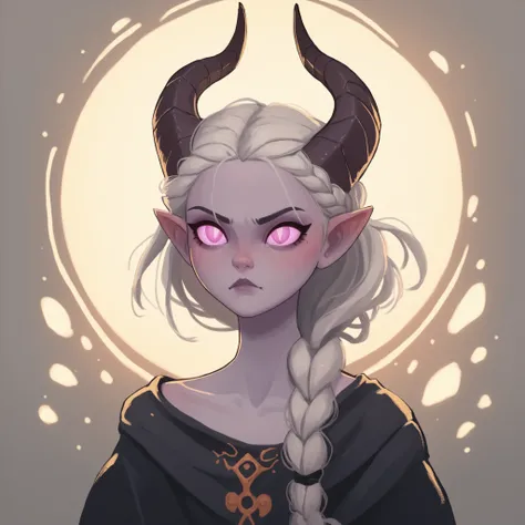 score_9 , score_8_up , score_7_up , score_6_up , MSMLN, 1girl, dark tiefling, pale violet skin, black braided hair, loose braid, high cheekbones, gorgeous