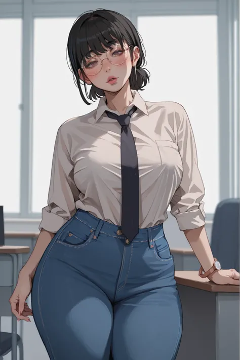 1 curvy timid girl, short black hair, bangs over eyes, blush lines, voluptuous, thick thighs, pink lips, round glasses, white shirt, tie, jeans, school office 