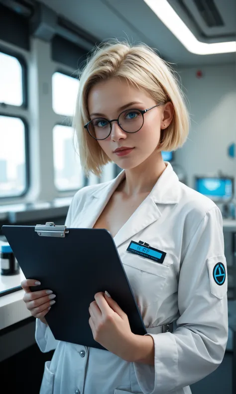 Futuristic girl, short haired blonde wearing round black glasses , bright blue eyes , white skin , wearing a futuristic scientist outfit she is looking at the viewer, she is holding a clipboard , extremely detailed image 4k realistic style