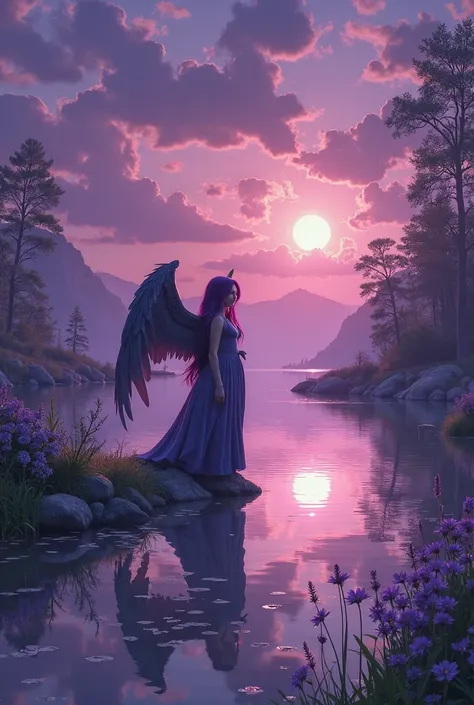 A beautiful landscape where a sunset is consumed by a beautiful purple night,  while a purple-haired night goddess with the wings of angels and demons smiles tenderly in a lake that contrasts with the purple of the landscape.