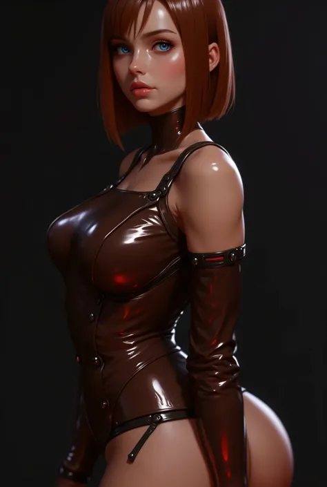 Sexy female in a ground-long brown leather apron over sportive sexy latex bodies and oiled skin; (Browsing Caution:1.2),Highest quality, Realistic, (One skinny girl:1.8), (Muscular:2.0) (Wet coppertone hair girl), With fair skin and captivating blue eyes, ...