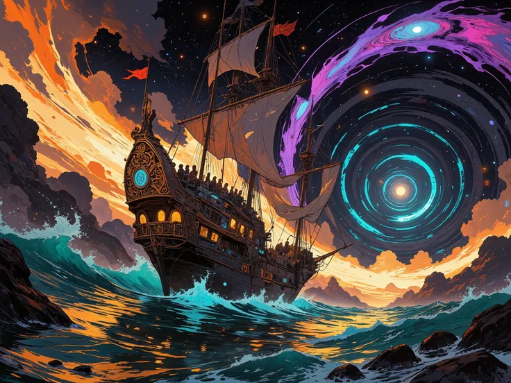 Fantasy-style (astral voyage:1.5), depicting an imposing and ornate galeão sailing majestically along a trail of luminous energy, resembling cascading waves of light. The ethereal energy flows seamlessly, connecting the material realm to the astral plane, ...