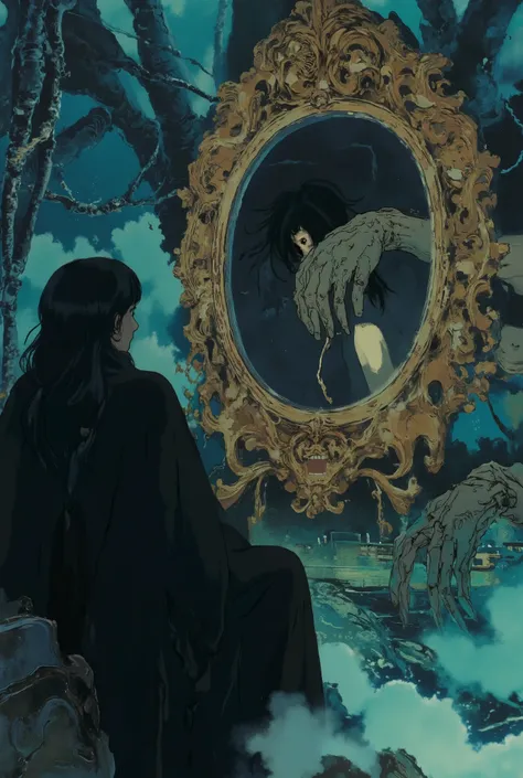 1girl, looking at the mirror, sitting, the death reflection, golden circle frame floral carved mirror, long black hair, mystical elemental, ethereal, dark smoke surrounded, dramatic light, creepy scene, crisp, terrifying, dimmed light, a hand bone emerged ...