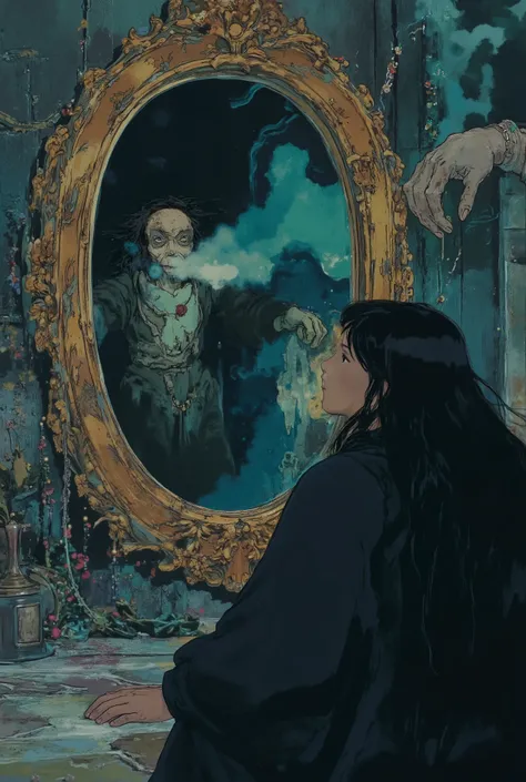 1girl, looking at the mirror, sitting, the death reflection, golden circle frame floral carved mirror, long black hair, mystical elemental, ethereal, dark smoke surrounded, dramatic light, creepy scene, crisp, terrifying, dimmed light, a hand bone emerged ...