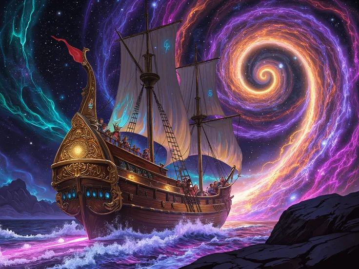 Fantasy-style (astral voyage:1.5), depicting an imposing and ornate galeão sailing majestically along a trail of luminous energy, resembling cascading waves of light. The ethereal energy flows seamlessly, connecting the material realm to the astral plane, ...