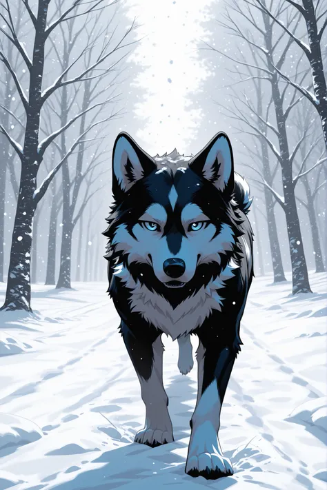 Husky dog, Black and white fur, olhos vermelhos rosnando para um gato com Black and white fur com olhos amarelos, Background with snow , vibrant colors, ultra quality, 4k,